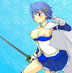 Rule 34 | 1girl, blue eyes, blue hair, blush, breast slip, breasts, commentary request, large breasts, magical girl, mahou shoujo madoka magica, mahou shoujo madoka magica (anime), miki sayaka, miki sayaka (magical girl), misochige, nipple slip, nipples, notice lines, solo, strapless, sword, wardrobe malfunction, weapon