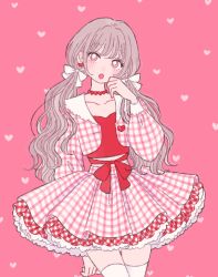 Rule 34 | 1girl, :o, blush, bow, choker, cowboy shot, earrings, frills, grey hair, hair bow, heart, heart earrings, highres, jacket, jewelry, long hair, long sleeves, looking at viewer, low twintails, open mouth, original, pink background, pink eyes, pink shirt, pink theme, plaid, plaid skirt, red choker, red shirt, ribbon, rikuwo, shirt, skirt, solo, thighhighs, twintails, wavy hair, white thighhighs, zettai ryouiki