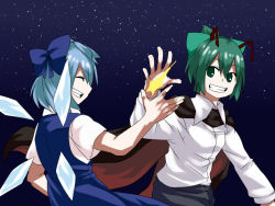 Rule 34 | 2girls, ^ ^, alternate hairstyle, antennae, blue bow, blue dress, blue hair, bow, cirno, closed eyes, collared shirt, dress, fingernails, friends, green bow, green eyes, green hair, grin, hair between eyes, hair bow, high five, ice, ice wings, long sleeves, madara hato, multiple girls, night, night sky, shirt, short hair, short sleeves, sky, smile, star (sky), starry sky, touhou, white shirt, wings, wriggle nightbug