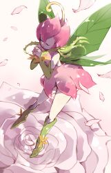Rule 34 | closed eyes, digimon, digimon (creature), falling petals, flower, hat, lilimon, monster girl, natsuki (aisae), no humans, own hands clasped, own hands together, petals, pink flower, pink hat, pink rose, plant girl, rose, rose petals