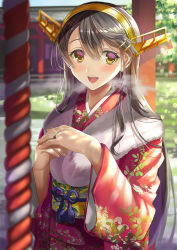 Rule 34 | 1girl, black hair, brown eyes, fur trim, hair ornament, hairband, hairclip, haruna (kancolle), headgear, highres, japanese clothes, jewelry, kantai collection, long hair, looking at viewer, new year, open mouth, revision, ring, rope, sage joh, shinto, smile, solo, wedding band