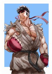 Rule 34 | 1boy, absurdres, bara, black hair, capcom, clenched hand, closed mouth, dougi, fingerless gloves, gloves, headband, highres, large pectorals, male focus, muscular, muscular male, pectoral cleavage, pectorals, red gloves, red headband, rx hts, ryu (street fighter), simple background, sleeveless, solo, street fighter, thick eyebrows, torn clothes, two-tone background