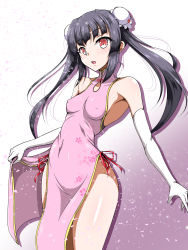 Rule 34 | 1girl, aimo (aimo1214), bare shoulders, black hair, blush, breasts, bun cover, china dress, chinese clothes, covered erect nipples, covered navel, dress, elbow gloves, gloves, gradient background, highres, long hair, medium breasts, no panties, open mouth, pink background, red eyes, senki zesshou symphogear, simple background, solo, tsukuyomi shirabe, twintails