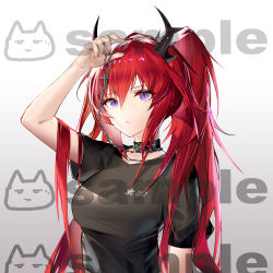 Rule 34 | 1girl, absurdres, arknights, arm up, black choker, black shirt, breasts, chinese commentary, choker, commentary request, corrupted metadata, cross, cross necklace, gkd111, gradient background, grey background, hair between eyes, highres, holding, horns, jewelry, long hair, looking at viewer, medium breasts, necklace, official alternate costume, purple eyes, red hair, shirt, short sleeves, solo, surtr (arknights), surtr (liberte echec) (arknights), upper body, very long hair