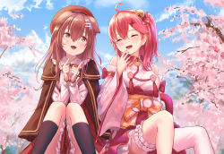 Rule 34 | 2girls, ahoge, alternate costume, animal ears, bare shoulders, bell, beret, black legwear, blue sky, blush, bone hair ornament, breasts, bridal garter, brown capelet, brown eyes, capelet, cherry blossoms, closed eyes, cloud, commentary request, day, detached sleeves, dog ears, dog girl, frilled skirt, frills, hair bell, hair between eyes, hair ornament, hand to own mouth, hat, highres, hololive, inugami korone, inugami korone (street), knees together feet apart, laughing, long sleeves, looking at another, medium breasts, medium hair, multiple girls, nontraditional miko, official alternate costume, one side up, open mouth, outdoors, roke (taikodon), sakura miko, sakura miko (1st costume), single thighhigh, sitting, skirt, sky, smile, socks, thighhighs, virtual youtuber, white legwear, wide sleeves, x hair ornament