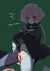 Rule 34 | 10s, 1girl, bad id, bad twitter id, black serafuku, blue skin, censored, clothes lift, colored skin, ettone, green background, hair between eyes, heart, heart censor, highres, konno junko, makeup, navel, panties, pussy, red eyes, scar, school uniform, serafuku, shirt lift, short hair, solo, stitched face, stitched leg, stitches, translated, underwear, white hair, zombie, zombie land saga