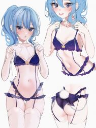 Rule 34 | 1girl, acedia, ass, blue eyes, blue hair, blush, breasts, collarbone, commentary, eyelashes, hair between eyes, highres, hololive, hoshimachi suisei, lace, lace-trimmed panties, lace trim, light blue hair, long hair, looking at viewer, multiple views, navel, open mouth, panties, rabbit tail, side ponytail, sketch, skindentation, small breasts, solo, standing, stomach, swimsuit, tail, thighhighs, twitter username, underwear, virtual youtuber, white background, white thighhighs