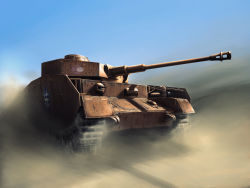 Rule 34 | absurdres, anglerfish, blue sky, clear sky, commentary, day, desert, dust cloud, emblem, fish, girls und panzer, highres, makky (yami chang), military, military vehicle, motion blur, motor vehicle, no humans, ooarai (emblem), outdoors, panzer iv, panzer iv, sky, tank, vehicle focus