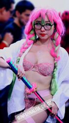 Rule 34 | 1girl, blurry, blurry background, breasts, cleavage, cosplay, female focus, glasses, green eyes, kanroji mitsuri, kanroji mitsuri (cosplay), kimetsu no yaiba, large breasts, lingerie, long hair, looking at viewer, mexican (nationality), oz cosplay, pasties, photo (medium), pink hair, pink lingerie, solo, sword, underwear, weapon