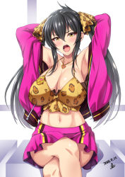 Rule 34 | 1girl, animal print, armpits, arms behind head, artist name, black hair, blush, breasts, cleavage, collarbone, crossed legs, dated, eyelashes, hair between eyes, heart, heart necklace, highres, idolmaster, idolmaster cinderella girls, jewelry, large breasts, leopard print, long hair, looking at viewer, matoba risa, midriff, miniskirt, navel, necklace, aged up, open mouth, pink skirt, sitting, skirt, solo, textless version, thighs, twintails, white background, yellow eyes, yoohi
