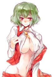 Rule 34 | 1girl, ascot, between breasts, blush, breasts, cleavage, clothes pull, covered erect nipples, embarrassed, female focus, frown, green hair, groin, highres, hip focus, kazami yuuka, large breasts, looking at viewer, midriff, navel, no bra, no panties, nokishita, nose blush, open clothes, open shirt, plaid, plaid skirt, plaid vest, red eyes, shirt, short hair, simple background, skirt, skirt pull, skirt set, solo, touhou, undressing, vest, wavy mouth, white background