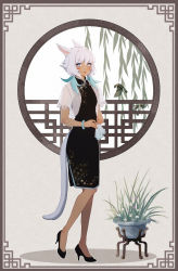 Rule 34 | 1girl, absurdres, animal ears, bird, bracelet, cat ears, cat tail, china dress, chinese clothes, dark-skinned female, dark skin, dress, facial mark, final fantasy, final fantasy xiv, full body, grey eyes, high heels, highres, jewelry, looking at viewer, lyra-kotto, miqo&#039;te, plant, potted plant, see-through, short hair, sleeveless, sleeveless dress, smile, solo, standing, tail, whisker markings, white hair, y&#039;shtola rhul