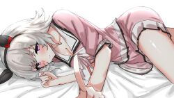 Rule 34 | 1girl, animal ears, bed, black hairband, blush, bow, breasts, cleavage, closed mouth, commentary, curren chan (umamusume), ear bow, ear covers, grey hair, hairband, highres, horse ears, horse girl, kumiyabe, looking at viewer, lying, medium breasts, official alternate costume, on bed, on side, pajamas, pink pajamas, pointing, pointing at viewer, purple eyes, red bow, short hair, simple background, sleepwear, smile, solo, symbol-only commentary, umamusume, white background