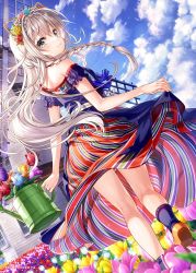 Rule 34 | 1girl, apron, bare shoulders, blue apron, blue flower, blue rose, blue shirt, blue sky, blue socks, braid, brown footwear, clogs, closed mouth, cloud, cloudy sky, commentary request, day, dutch angle, field, flower, flower field, from behind, fujima takuya, grey eyes, grey hair, hair between eyes, hair flower, hair ornament, holding, long hair, looking at viewer, looking back, off-shoulder shirt, off shoulder, orange flower, original, outdoors, pink flower, pink rose, puffy short sleeves, puffy sleeves, purple flower, red flower, red rose, red skirt, rose, shirt, shoe soles, short sleeves, single braid, skirt, sky, smile, socks, solo, striped clothes, striped skirt, tulip, vertical-striped clothes, vertical-striped skirt, very long hair, waist apron, walking, watering can, windmill, yellow flower, yellow rose