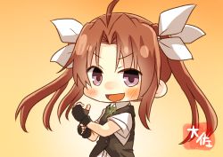 Rule 34 | 1girl, :d, adjusting clothes, adjusting gloves, ahoge, artist name, black gloves, brown hair, commentary request, fingerless gloves, gloves, grey vest, hair ribbon, kagerou (kancolle), kagerou kai ni (kancolle), kantai collection, open mouth, purple eyes, ribbon, shirt, short hair, short sleeves, smile, solo, taisa (kari), twintails, v-shaped eyebrows, vest, white ribbon, white shirt