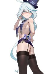 Rule 34 | 1girl, a kite (akitee), absurdres, ahoge, ass, bare shoulders, black thighhighs, blue eyes, breasts, covered erect nipples, furina (genshin impact), garter straps, genshin impact, hat, highres, looking back, miniskirt, parted lips, simple background, skirt, small breasts, solo, standing, tachi-e, thighhighs, top hat, white background, white hair