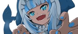 Rule 34 | 1girl, animal hood, blue eyes, blue hair, blurry, claw pose, depth of field, fins, fish tail, gawr gura, highres, hololive, hololive english, hood, multicolored hair, open mouth, portrait, shark hood, shark tail, sharp teeth, smile, solo, streaked hair, studiolg, tail, teeth, two-tone hair, virtual youtuber, white hair