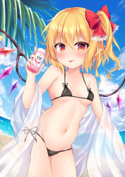 Rule 34 | 1girl, absurdres, bikini, black bikini, blonde hair, blush, bottle, bow, breasts, clip studio paint (medium), cowboy shot, day, flandre scarlet, hair between eyes, hair bow, highres, holding, long hair, looking at viewer, micro bikini, miy@, navel, outdoors, pointy ears, red bow, red eyes, see-through, side-tie bikini bottom, side ponytail, small breasts, solo, stomach, string bikini, summer, swimsuit, tongue, tongue out, touhou, wings