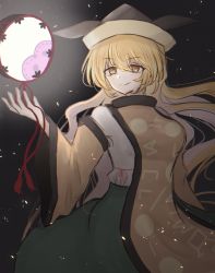 Rule 34 | 1girl, black background, black hat, blonde hair, breasts, brown eyes, brown hat, cape, closed mouth, constellation, constellation print, detached sleeves, drum, green skirt, hair between eyes, hand up, hat, highres, instrument, light, long hair, long sleeves, looking to the side, matara okina, medium breasts, orange cape, pipita, shadow, shirt, simple background, skirt, smile, solo, standing, tabard, touhou, white shirt, wide sleeves