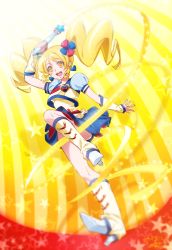 Rule 34 | 0417nao, 10s, 1girl, :d, alternate form, blonde hair, blue skirt, boots, brooch, cheerleader, cure honey, cure honey (popcorn cheer), earrings, happinesscharge precure!, heart, heart brooch, heart earrings, jewelry, knee boots, long hair, magical girl, oomori yuuko, open mouth, precure, puffy short sleeves, puffy sleeves, short sleeves, skirt, smile, solo, twintails, wrist cuffs, yellow eyes