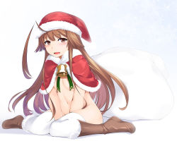 Rule 34 | 1girl, ahoge, bell, blush, boots, breasts, brown hair, christmas, commentary request, crop top, fur trim, hair between eyes, hat, huge ahoge, kantai collection, kuma (kancolle), long hair, looking at viewer, mr.lostman, navel, nude, open mouth, sack, santa costume, santa hat, simple background, sitting, small breasts, smile, solo, thighhighs, thighhighs under boots, wariza, white background