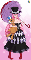 Rule 34 | 1girl, absurdres, blush, boots, breasts, cleavage, dress, drill hair, female focus, full body, hat, high heel boots, high heels, highres, kyoffie, large breasts, looking at viewer, one piece, open mouth, perona, pigeon-toed, pink hair, solo, standing, stuffed animal, stuffed toy, teddy bear, top hat, umbrella