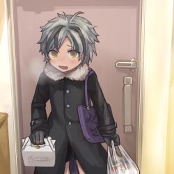 Rule 34 | 1boy, bag, black coat, black gloves, black hair, black shorts, breath, buchi0122, buttons, carrying, coat, commentary request, cowboy shot, door, ear piercing, eyes visible through hair, fang, fur-trimmed coat, fur trim, gloves, grey hair, highres, holding, holding bag, indoors, light blush, long sleeves, looking at viewer, male focus, messy hair, multicolored hair, nijisanji, open mouth, piercing, plastic bag, purple bag, shopping bag, short hair, shorts, shoulder bag, smile, solo, standing, streaked hair, suzuki masaru, textless version, virtual youtuber, yellow eyes