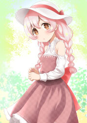 Rule 34 | 1girl, bare shoulders, blush, braid, breasts, bright pupils, brown eyes, checkered clothes, closed mouth, collar, collared dress, dress, expressionless, feet out of frame, from side, green background, hair between eyes, hat, hat ribbon, head tilt, highres, holding, holding hair, lace, lace-trimmed dress, lace trim, long dress, long hair, long sleeves, looking at viewer, multicolored clothes, multicolored dress, naharyou, off-shoulder dress, off shoulder, onii-chan wa oshimai!, oyama mahiro, pink hair, red dress, red ribbon, ribbon, small breasts, solo, sun hat, twin braids, white collar, white hat, white sleeves