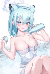 Rule 34 | 1girl, :d, animal ears, aqua hair, blue archive, blue eyes, blush, bottle, breasts, cleavage, cup, fangs, feet out of frame, hair between eyes, highres, holding, holding bottle, holding cup, large breasts, looking at viewer, medium breasts, medium hair, naked towel, open mouth, pong (vndn124), pouring, pouring onto self, shigure (blue archive), simple background, skin fangs, smile, solo, towel, towel on head, water, wet, white background