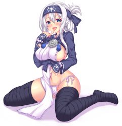 Rule 34 | 1girl, ainu clothes, black thighhighs, blue eyes, blush, breasts, commentary, folded ponytail, hair between eyes, highres, kamoi (kancolle), kantai collection, large breasts, long hair, looking at viewer, nottytiffy, open mouth, panties, pelvic curtain, pinky out, side-tie panties, sideboob, sidelocks, simple background, sitting, smile, solo, thighhighs, thighs, underwear, wariza, white background, white hair, white panties