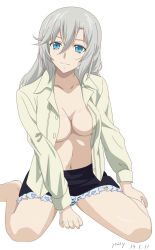 Rule 34 | 10s, 1girl, artist name, blue eyes, breasts, cleavage, dated, hair between eyes, la folia rihavein, long hair, open clothes, open shirt, panties, pantyshot, shirt, silver hair, simple background, sitting, skirt, solo, strike the blood, striped clothes, striped panties, underwear, upskirt, wariza, white background, yossy (asd 456)