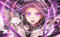 Rule 34 | 1girl, black cape, black gloves, bow, braid, cape, chain, collar, fate/grand order, fate (series), gloves, hair bow, highres, leaning forward, long hair, looking at viewer, medusa (fate), medusa (lancer) (fate), medusa (rider) (fate), open mouth, phi luna, purple eyes, purple hair, red bow, rider, sidelocks, single braid, slit pupils, solo, thighhighs, torn clothes, torn thighhighs, very long hair, white thighhighs