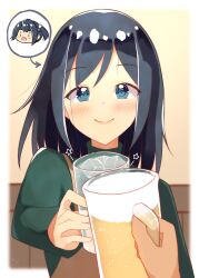 Rule 34 | 1girl, 1other, beer mug, black hair, blue eyes, brown dress, cup, dress, drinking glass, green sweater, hair down, highres, kantai collection, master (momitai7), medium hair, mug, official alternate costume, official alternate hairstyle, pov, smile, souryuu (kancolle), sweater, toasting (gesture), upper body