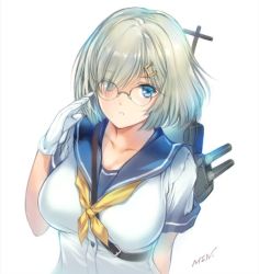 Rule 34 | 10s, 1girl, between breasts, blue eyes, breasts, collarbone, glasses, gloves, hair ornament, hair over one eye, hairclip, hamakaze (kancolle), kantai collection, large breasts, looking at viewer, min-naraken, parted lips, school uniform, serafuku, short hair, short sleeves, signature, simple background, solo, strap, turret, upper body, white background, white gloves, white hair