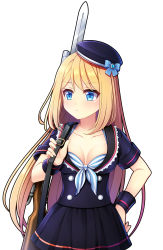 Rule 34 | 1girl, bayonet, black hat, black skirt, blonde hair, blue bow, blue eyes, bow, breasts, cleavage, collarbone, edamame senpai, gun, hat, hat bow, highres, long hair, medium breasts, official art, pleated skirt, rifle, short sleeves, simple background, skirt, solo, standing, very long hair, vivid army, weapon, white background, wristband