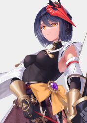 Rule 34 | 1girl, armpits, arrow (projectile), bird mask, black hair, bow (weapon), breast curtains, breasts, commentary request, detached sleeves, genshin impact, hair between eyes, highres, holding, holding arrow, holding bow (weapon), holding weapon, japanese clothes, koseikogani, kujou sara, large breasts, mask, mask on head, orange eyes, red mask, short hair, simple background, solo, tassel, vision (genshin impact), weapon