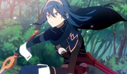 Rule 34 | 1girl, armor, black cape, blue eyes, blue footwear, blue hair, blue thighhighs, boots, cape, closed mouth, determined, fingerless gloves, fire emblem, fire emblem awakening, floating hair, forest, frown, gloves, hair ornament, holding, holding sword, holding weapon, long hair, looking afar, lucina (fire emblem), nature, nintendo, ryon (ryonhei), sheath, shoulder armor, solo, squatting, sword, symbol-shaped pupils, thigh boots, thighhighs, tiara, tree, turtleneck, weapon