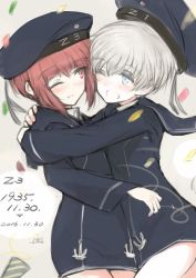 Rule 34 | 10s, 2016, 2girls, anchor symbol, anniversary, beret, blue eyes, blush, bun&#039;ya (0874cirno141), clothes writing, dated, dress, grey hair, hat, hug, kantai collection, multiple girls, one eye closed, open mouth, red eyes, red hair, sailor dress, sailor hat, short hair, smile, z1 leberecht maass (kancolle), z3 max schultz (kancolle)