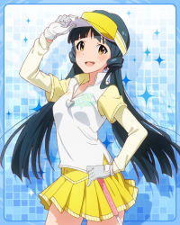 Rule 34 | 10s, 1girl, :d, blue hair, gloves, hand on own hip, idolmaster, idolmaster million live!, kitakami reika, long hair, looking at viewer, official art, open mouth, skirt, smile, solo, visor cap, yellow eyes