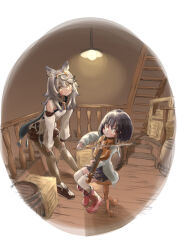 Rule 34 | 2girls, animal ears, barrel, black hair, blush, boots, bow (music), cantate (granblue fantasy), crate, detached sleeves, erune, granblue fantasy, grey hair, hair between eyes, hairband, hamioura, hands on own knees, hanging light, highres, holding, holding bow (music), holding instrument, holding violin, instrument, knee boots, kneehighs, leaning forward, multiple girls, music, on stool, over-kneehighs, pantyhose, playing instrument, pleated skirt, railing, red eyes, red footwear, shorts, sitting, skirt, socks, stairs, stool, thighhighs, vikala (granblue fantasy), violin, wooden floor, wooden railing, yellow eyes