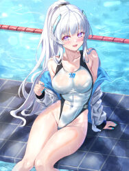 Rule 34 | 1girl, blue archive, highres, looking at viewer, nails, noa (blue archive), open mouth, smile, swimsuit, wet, white hair, zea (zeamilky)
