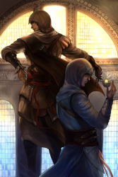Rule 34 | 2boys, altair ibn la-ahad, apple of eden, assassin&#039;s creed, assassin&#039;s creed (series), assassin&#039;s creed ii, black hair, blade, boots, cape, chirao (tirao777), ezio auditore da firenze, gloves, concealed weapon, hidden blade (assassin&#039;s creed), highres, hood, knife, male focus, multiple boys, smile, sunlight, vambraces, weapon, window
