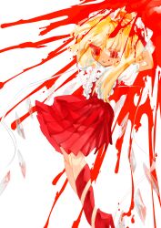 Rule 34 | 1girl, absurdres, blonde hair, blood, blood on face, blood splatter, cowboy shot, crystal, flandre scarlet, frills, highres, medium hair, open mouth, red eyes, red skirt, red thighhighs, side ponytail, simple background, skirt, smile, solo, thighhighs, touhou, wan495, white background, wings