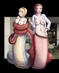 Rule 34 | 2girls, blonde hair, breasts, claire redfield, ediacaran biota, hairband, highres, lamia, leash, medium breasts, monster girl, multiple girls, nipples, nude, object insertion, open clothes, ponytail, red hair, resident evil, sherry birkin, short hair, smile, tail insertion, yuri