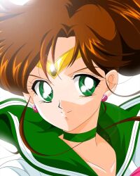Rule 34 | 1girl, bishoujo senshi sailor moon, brown hair, earrings, green eyes, highres, jewelry, kino makoto, long hair, magical girl, ponytail, sailor jupiter, sumoonshi