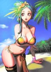 Rule 34 | 1girl, bad id, bad pixiv id, beach, bikini, bird, blue hair, breast tattoo, breasts, chick, chicken, cleavage, collarbone, day, egg, female focus, food, fruit, jellytits-7, large breasts, long hair, looking away, navel, navel piercing, open mouth, original, palm tree, peach, piercing, red eyes, sarong, side-tie bikini bottom, single thighhigh, skindentation, solo, striped clothes, striped thighhighs, swimsuit, tattoo, teeth, thighhighs, tree, wrist cuffs