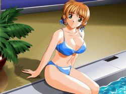 Rule 34 | 1girl, arms at sides, bikini, breasts, character request, cleavage, collarbone, copyright request, hair ribbon, inaba yoshiki, looking at viewer, plant, pool, potted plant, ribbon, sitting, soaking feet, solo, source request, swimsuit, water