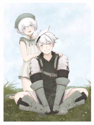 Rule 34 | 1boy, 1girl, blue eyes, brother and sister, closed mouth, flower, full body, gloves, grass, highres, looking at viewer, nier, nier (series), nier (young), open mouth, short hair, siblings, smile, white hair, yonah