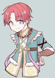 1boy blue_eyes closed_mouth cropped_torso doug_(rune_factory) green_jacket grey_background hand_on_own_hip hayamaro65 highres jacket jewelry long_sleeves looking_at_viewer male_focus necklace pointy_ears red_hair rune_factory rune_factory_4 short_hair simple_background smile solo upper_body