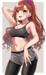 Rule 34 | 1girl, arisugawa natsuha, bare arms, bare shoulders, black eyes, black pants, blush, breasts, cleavage, collarbone, commentary request, earrings, fingernails, grey background, hair ornament, hair scrunchie, highres, idolmaster, idolmaster shiny colors, jewelry, kurokin, large breasts, long fingers, long hair, looking at viewer, nail polish, navel, open mouth, pants, red hair, scrunchie, short shorts, shorts, simple background, smile, solo, sports bra, teeth, two-tone background, upper teeth only, white background